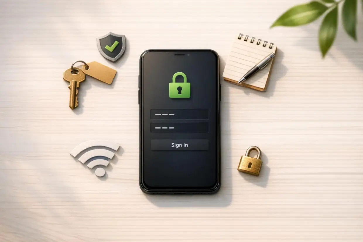 Lotus365 login security essentials displayed around a smartphone on a clean desk