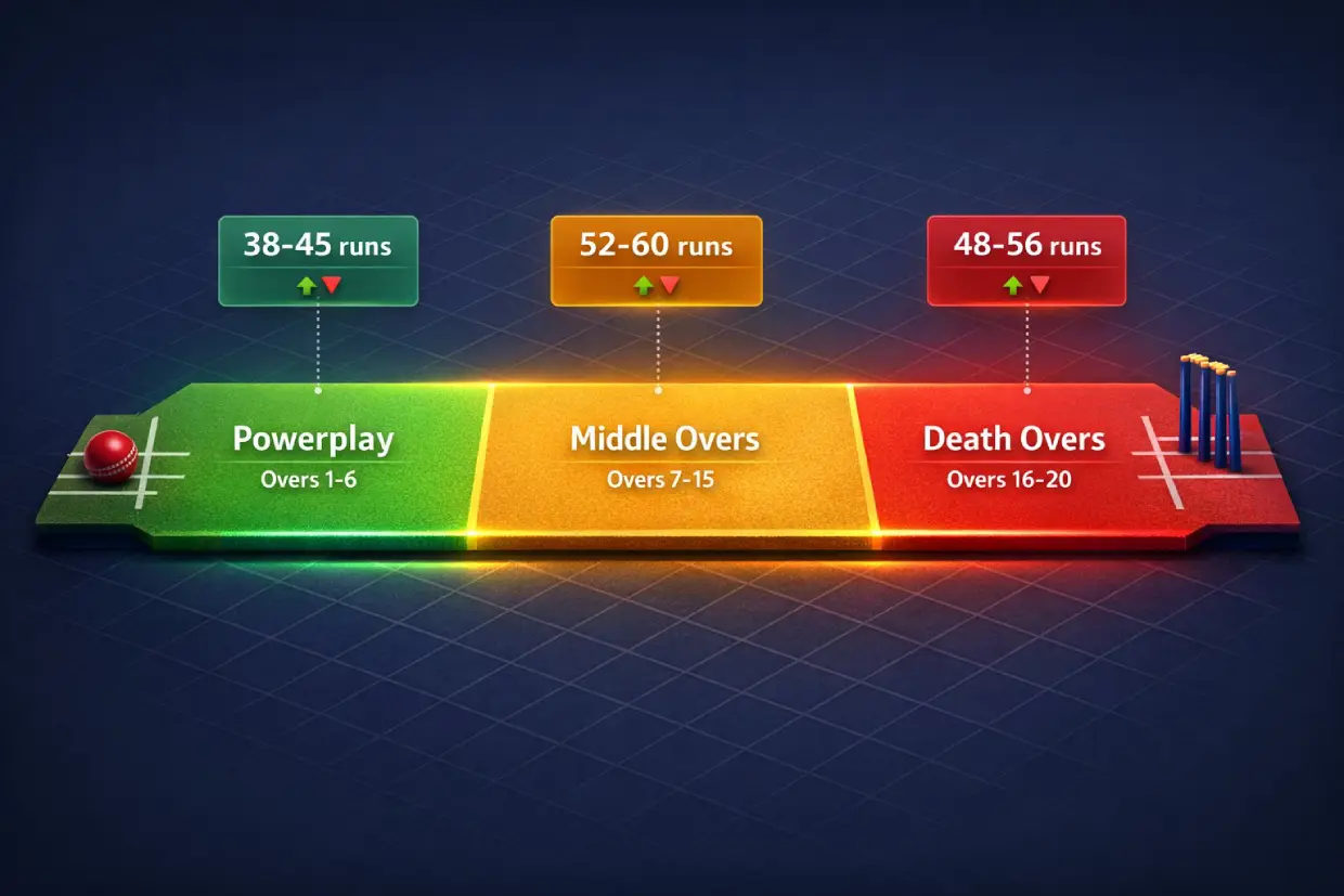 Online cricket betting session markets visualization showing powerplay, middle overs, and death overs betting zones